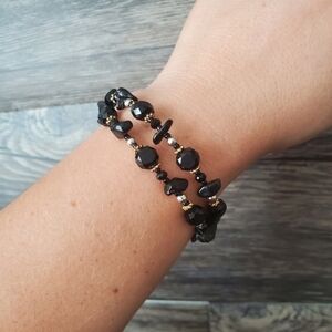 Black Stone Beaded Layered Metal Bracelet Gold Silver Black Tones